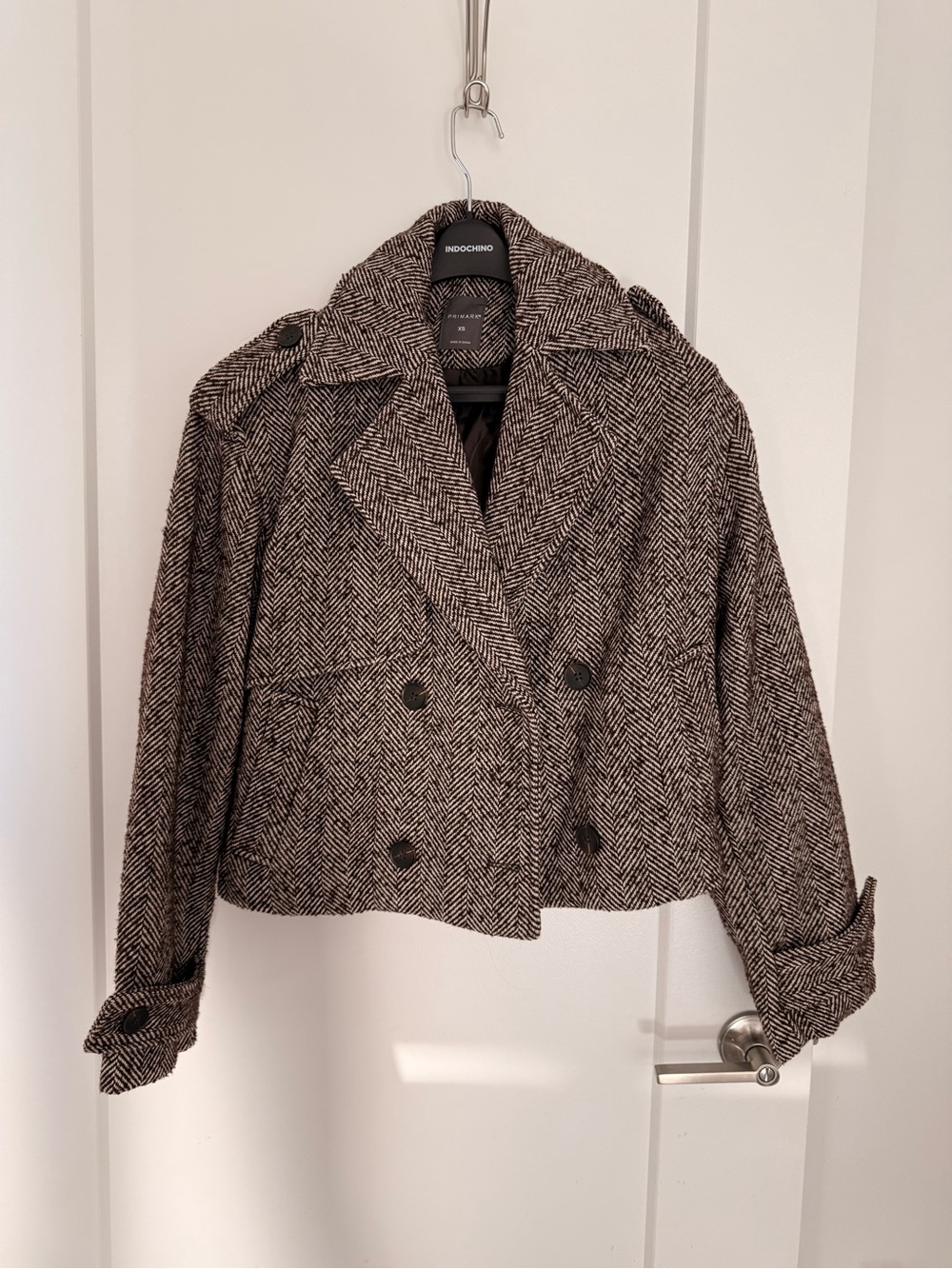Women's Black & White Herringbone Double-Breasted Peacoat